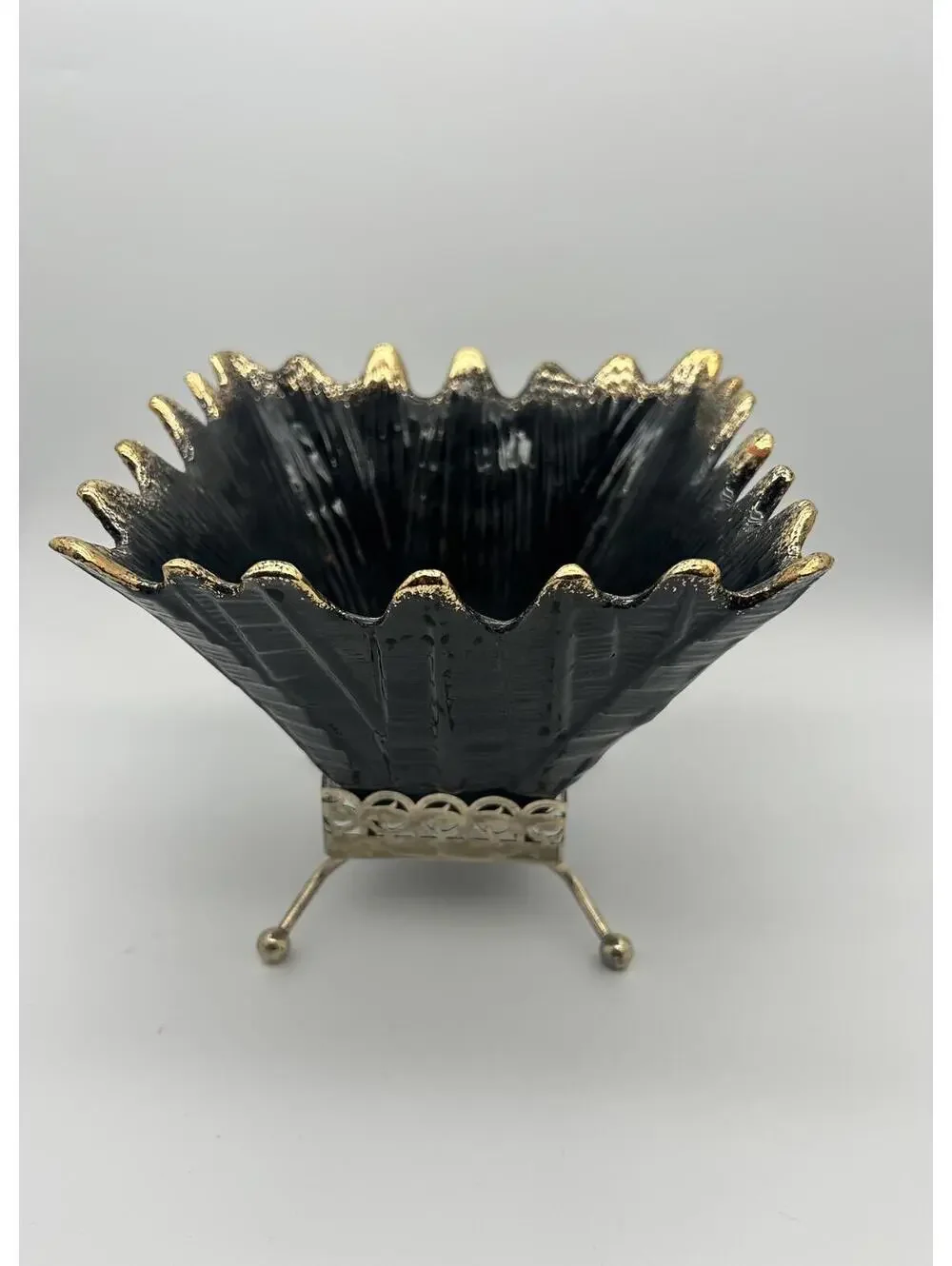 Vintage Black and Gold MCM pottery vase in Gold Stand